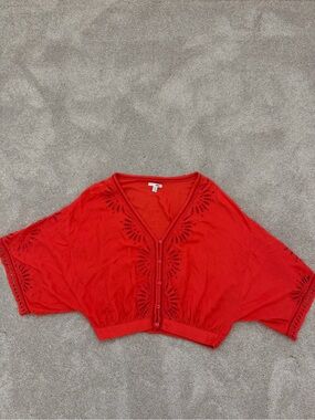 Amuse Society Red Embroidered Cropped Button-Front Cardigan